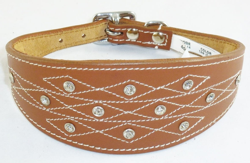 Tan Diamante Stud and Stich Design Leather Collar For Whippet Greyhound Lurcher