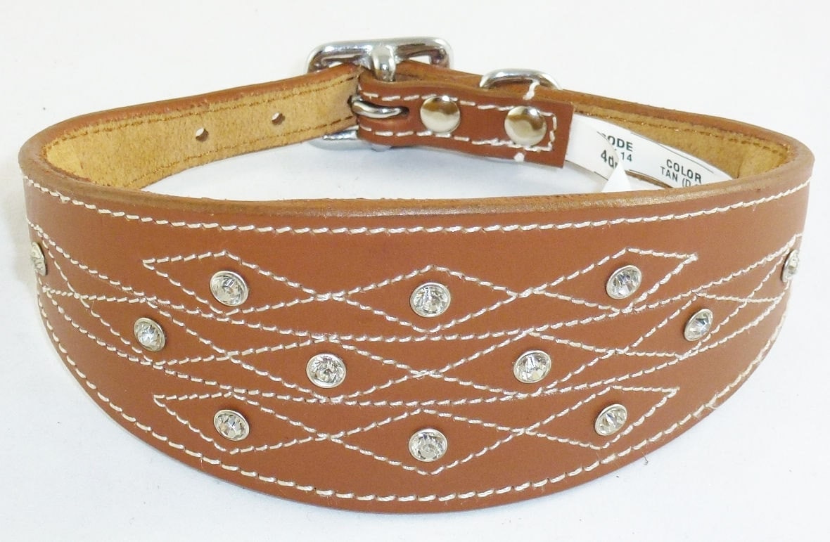 Tan Diamante Stud and Stich Design Leather Collar For Whippet Greyhound Lurcher