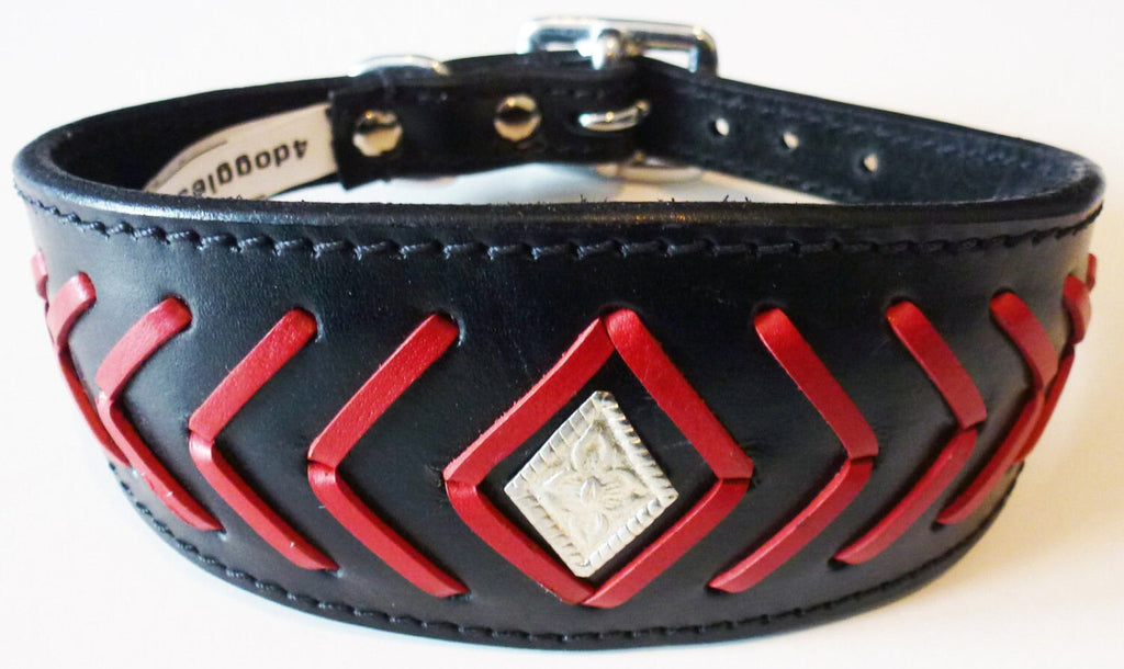 Black Fish Bone Stitch Leather Whippet Collar Greyhound Collars lévriers galgo