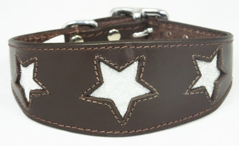 Brown Leather Whippet Collar Greyhound Collar Sparkle Glitter Star Sighthound Dogs