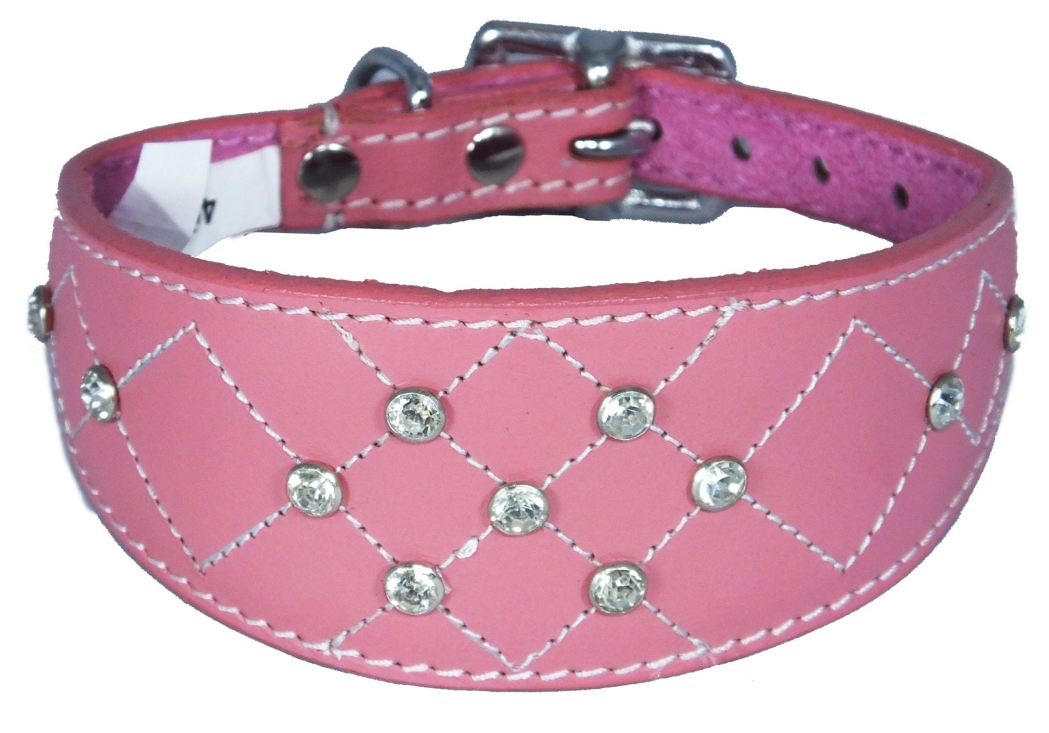 Pink Diamante Diamond Stitch Design Leather Whippet Collar Greyhound Collar Sight hound Dogs Collar