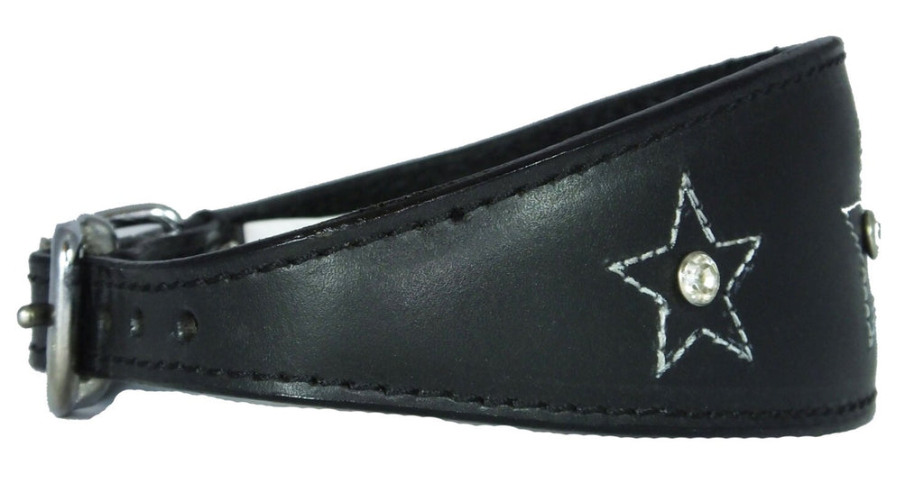 Black Star Diamante Stitch Design Leather Whippet Collar Greyhound Collar Sight hound Dogs Collar