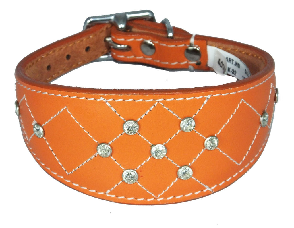 Orange Diamante Diamond Stitch Design Leather Whippet Collar Greyhound Collar Sight hound Dogs Collar