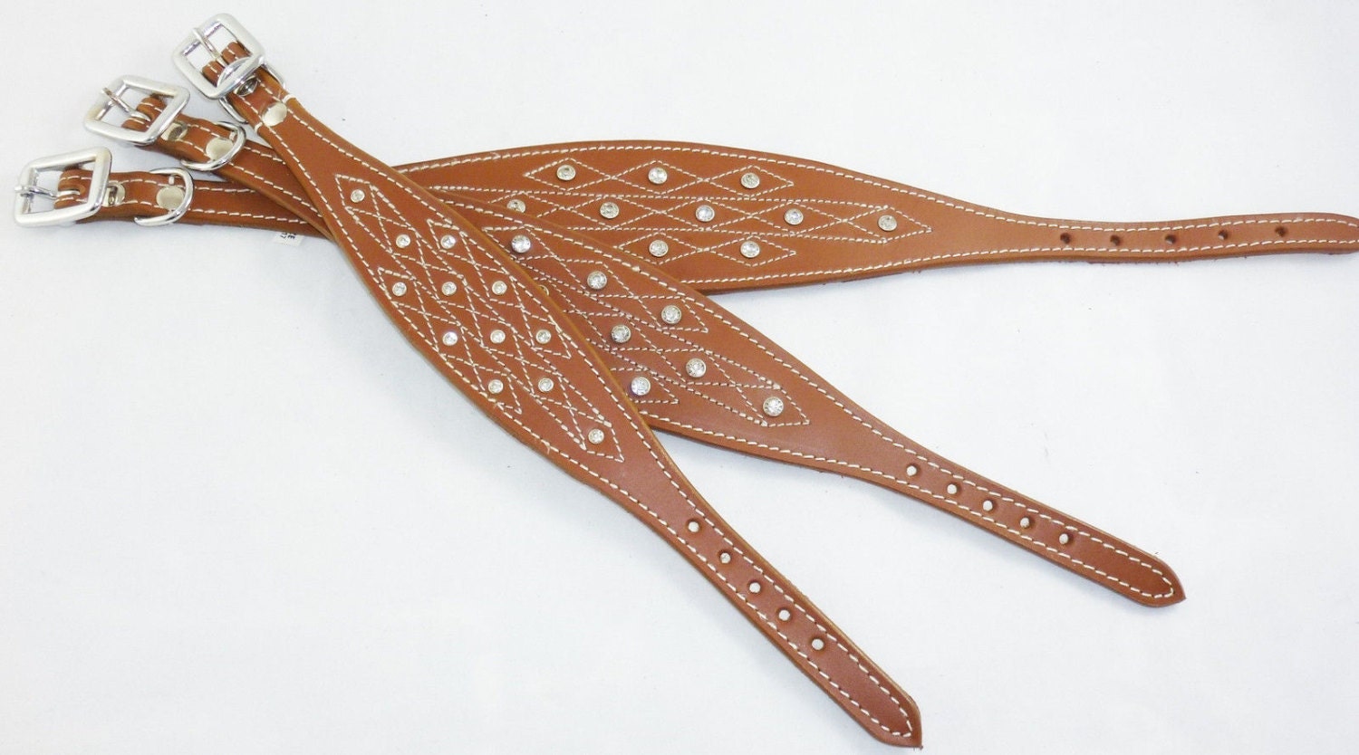 Tan Diamante Stud and Stich Design Leather Collar For Whippet Greyhound Lurcher
