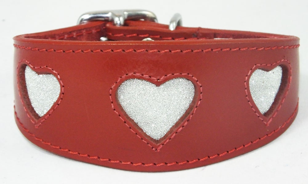 Red Leather Whippet Collar Greyhound Collar Sparkle Glitter Heart Galgo Podenco Dog