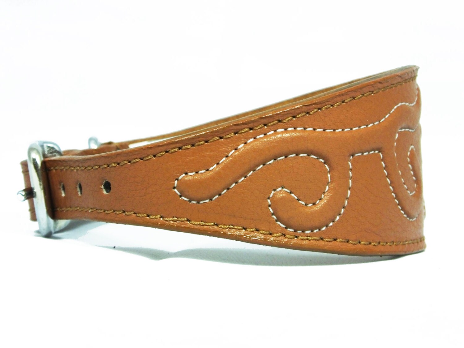 Tan Leather Whippet Collar Greyhound Collar With Embossed Stitch Design