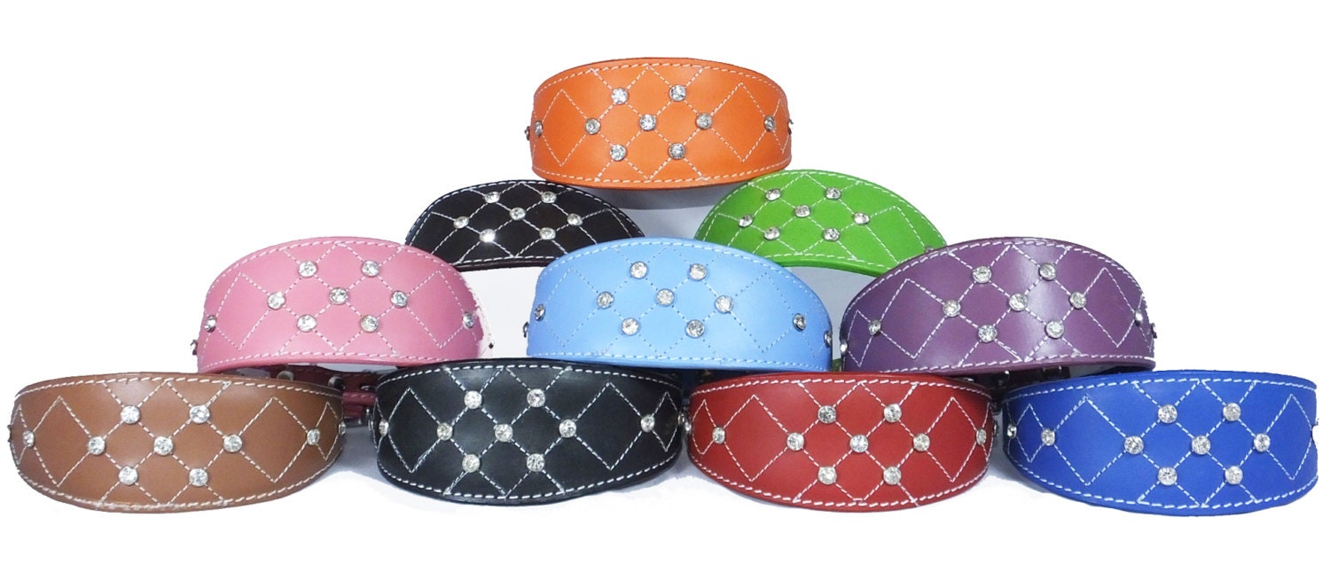 Black Diamante Diamond Stitch Design Leather Whippet Collar Greyhound Collar Sight hound Dogs Collar