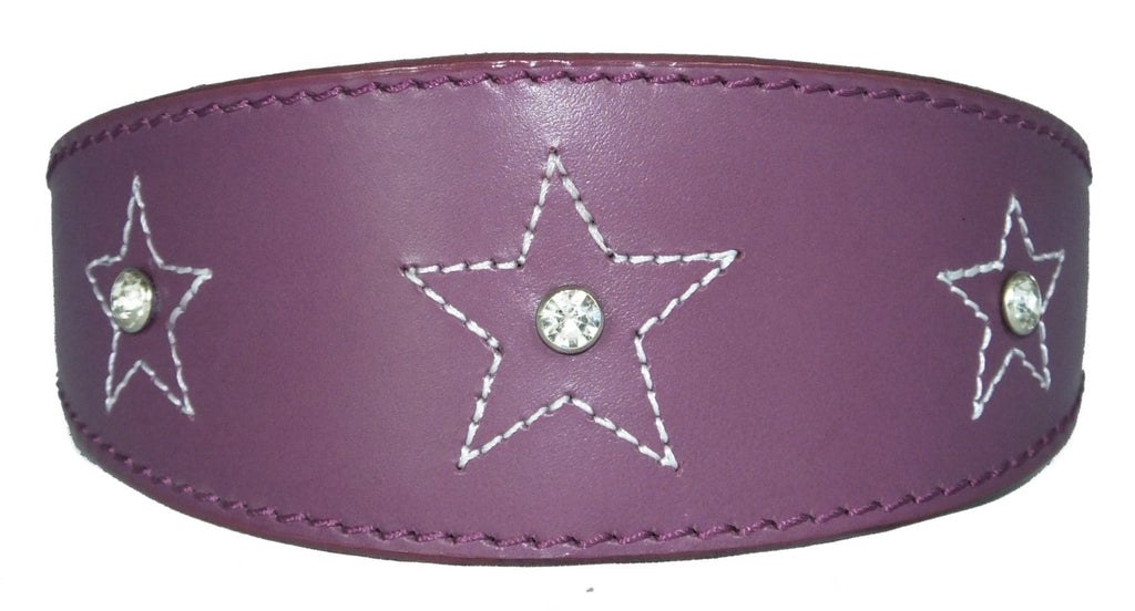 Purple Star Diamante Stitch Design Leather Whippet Collar Greyhound Collar Sight hound Dogs Collar