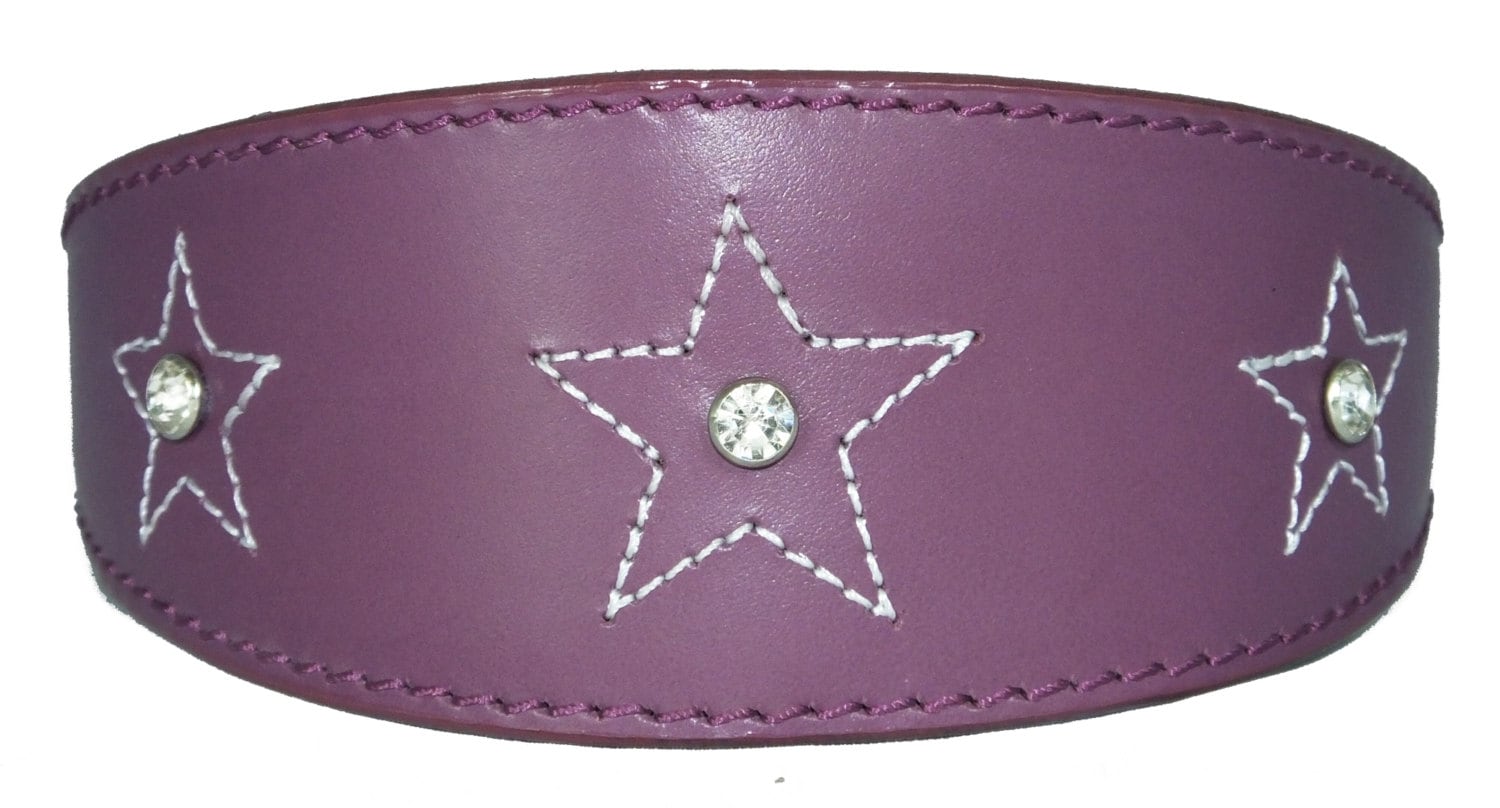 Purple Star Diamante Stitch Design Leather Whippet Collar Greyhound Collar Sight hound Dogs Collar