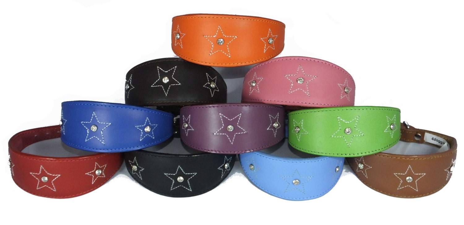 Black Star Diamante Stitch Design Leather Whippet Collar Greyhound Collar Sight hound Dogs Collar
