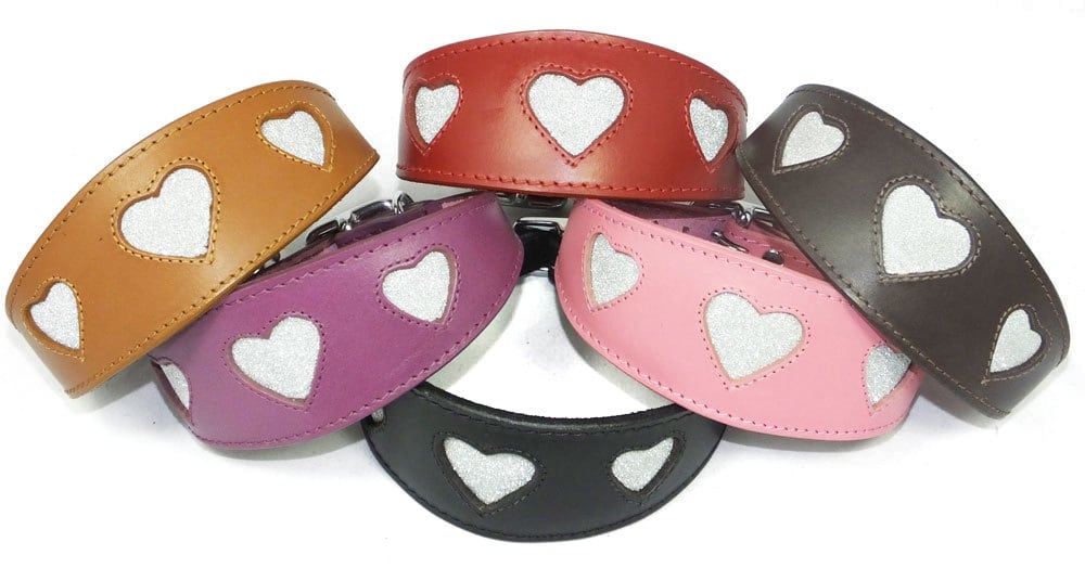 Black Leather Whippet Collar Greyhound Collar Sparkle Glitter Heart Galgo Podenco Dog