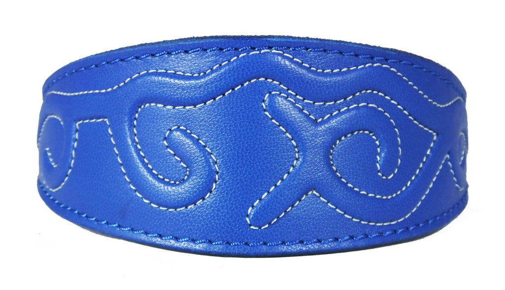 Blue Leather Whippet Collar Greyhound Collar With Embossed Stitch Design