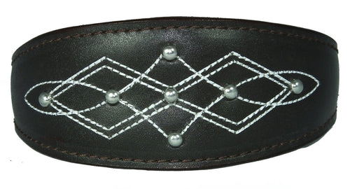 Brown Silver Stud Stitch Design Leather Whippet, Greyhound Collar Sighthound Dogs
