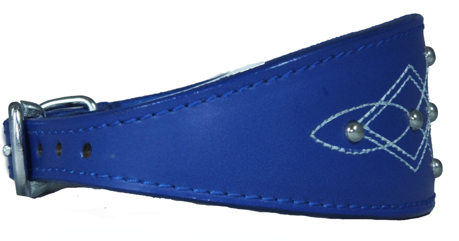 Dark Blue Silver Stud Stitch Design Leather Whippet, Greyhound Collar Sighthound Dogs
