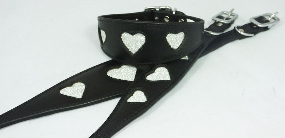 Black Leather Whippet Collar Greyhound Collar Sparkle Glitter Heart Galgo Podenco Dog