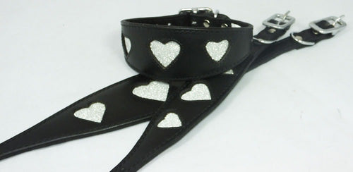 Black Leather Whippet Collar Greyhound Collar Sparkle Glitter Heart Galgo Podenco Dog