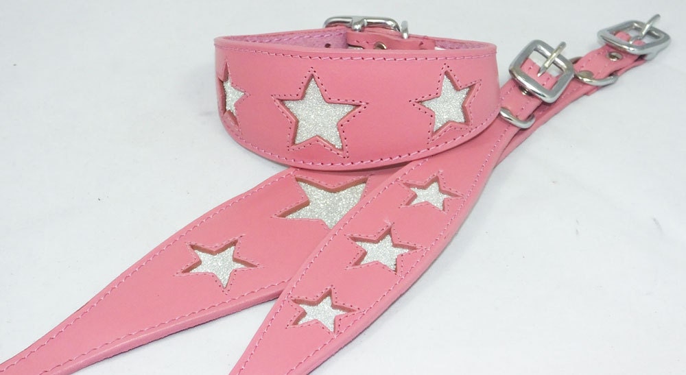 Pink Leather Whippet Collar Greyhound Collar Sparkle Glitter Star Sighthound Dogs