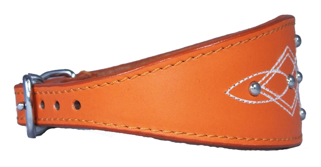 Orange Silver Stud Stitch Design Leather Whippet, Greyhound Collar Sighthound Dogs
