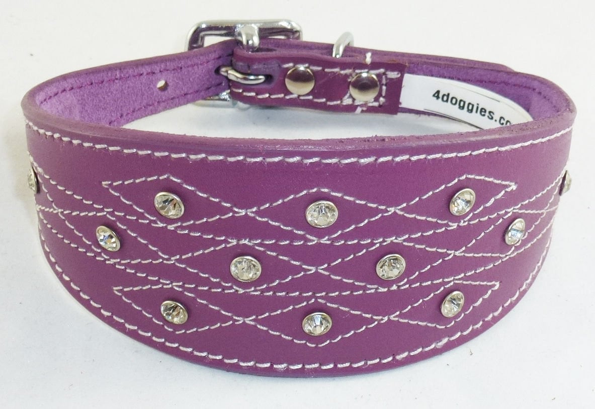 Purple Diamante Stud and Stich Design Leather Collar For Whippet Greyhound Lurcher