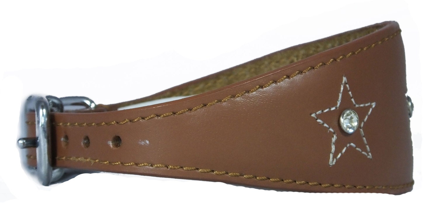 Tan Star Diamante Stitch Design Leather Whippet Collar Greyhound Collar Sight hound Dogs Collar