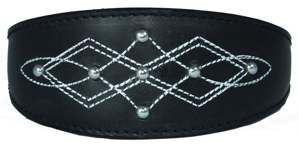 Black Silver Stud Stitch Design Leather Whippet, Greyhound Collar Sighthound Dogs