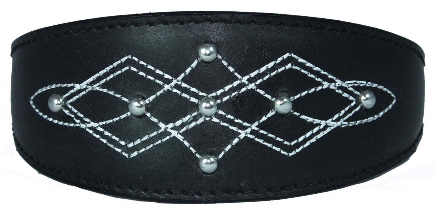 Black Silver Stud Stitch Design Leather Whippet, Greyhound Collar Sighthound Dogs