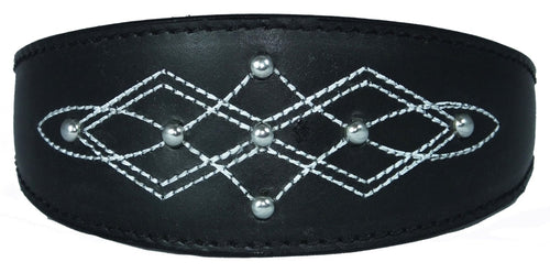 Black Silver Stud Stitch Design Leather Whippet, Greyhound Collar Sighthound Dogs