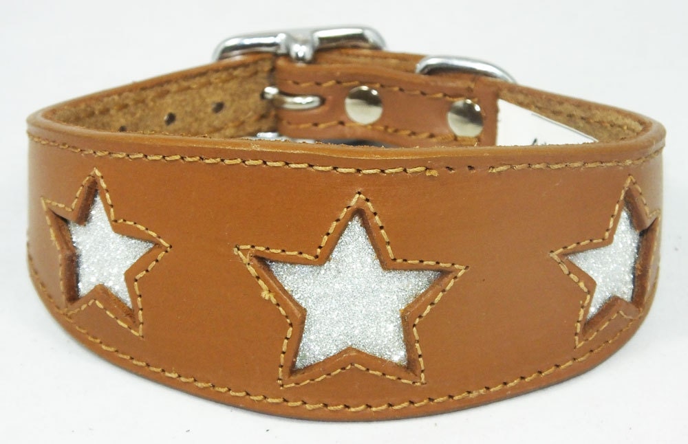 Tan Leather Whippet Collar Greyhound Collar Sparkle Glitter Star Sighthound Dogs