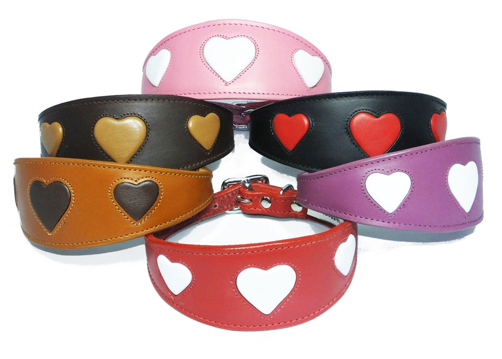 Leather Red With White Heart  Design Whippet Collar Greyhound Collar Padded Dog Collar