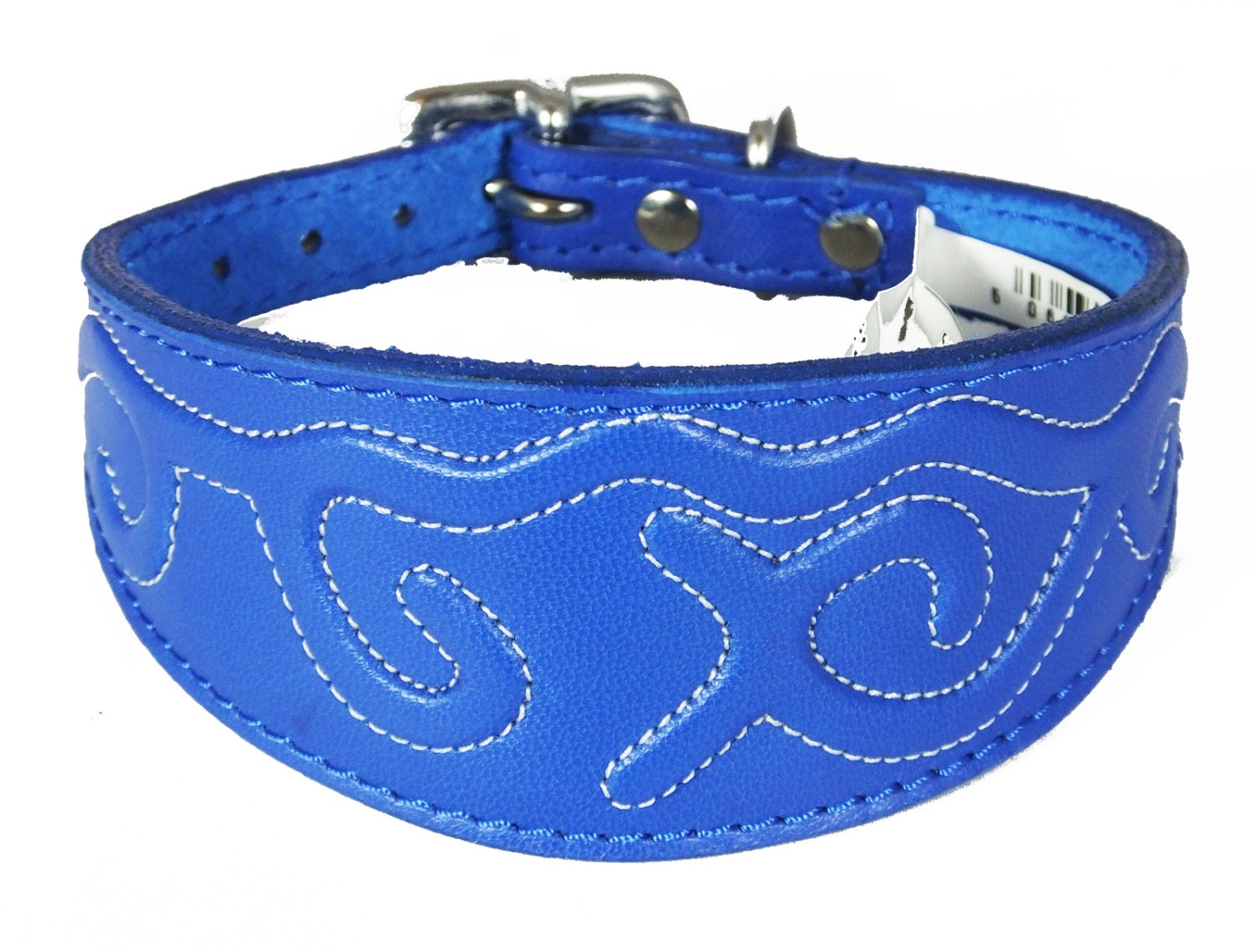 Blue Leather Whippet Collar Greyhound Collar With Embossed Stitch Design