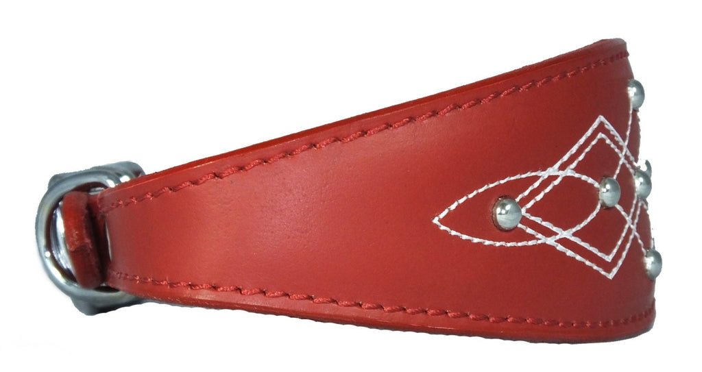 Red Silver Stud Stitch Design Leather Whippet, Greyhound Collar Sighthound Dogs