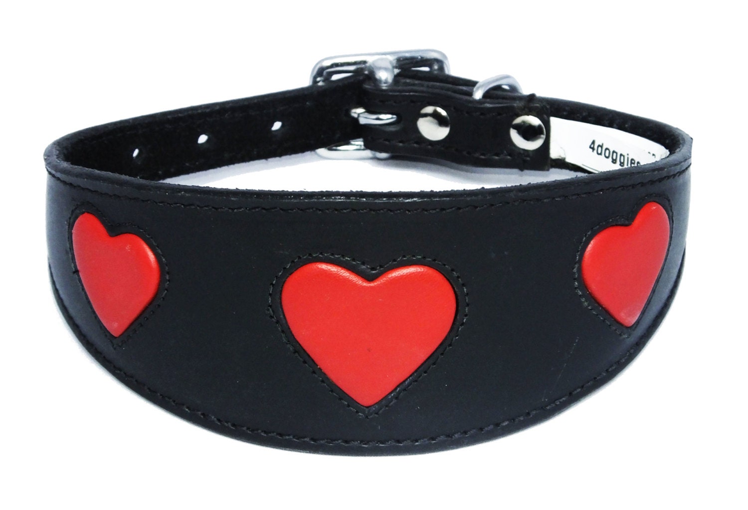 Leather Black With Red Heart  Design Whippet Collar Greyhound Collar  Sighthound Collar