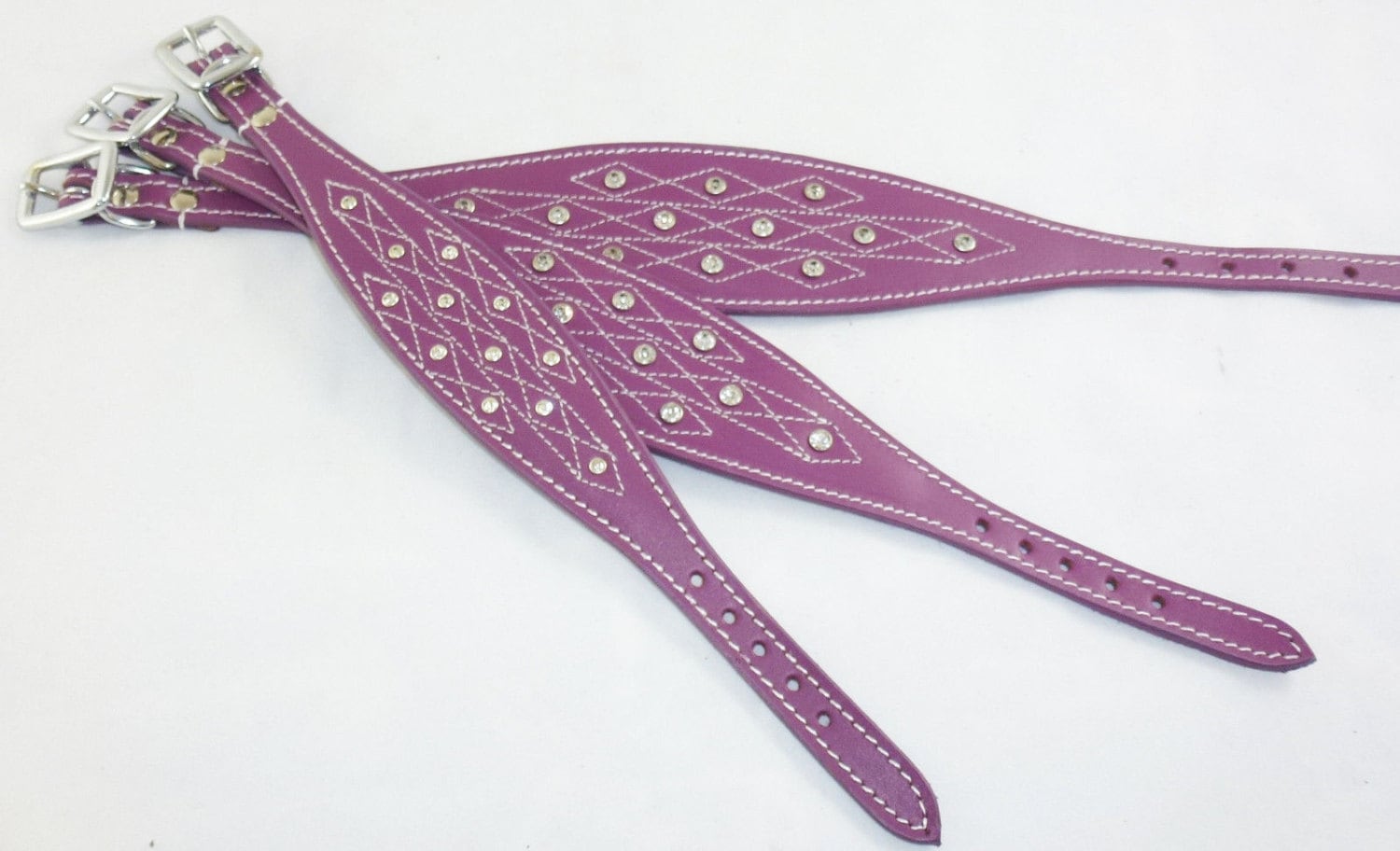 Purple Diamante Stud and Stich Design Leather Collar For Whippet Greyhound Lurcher