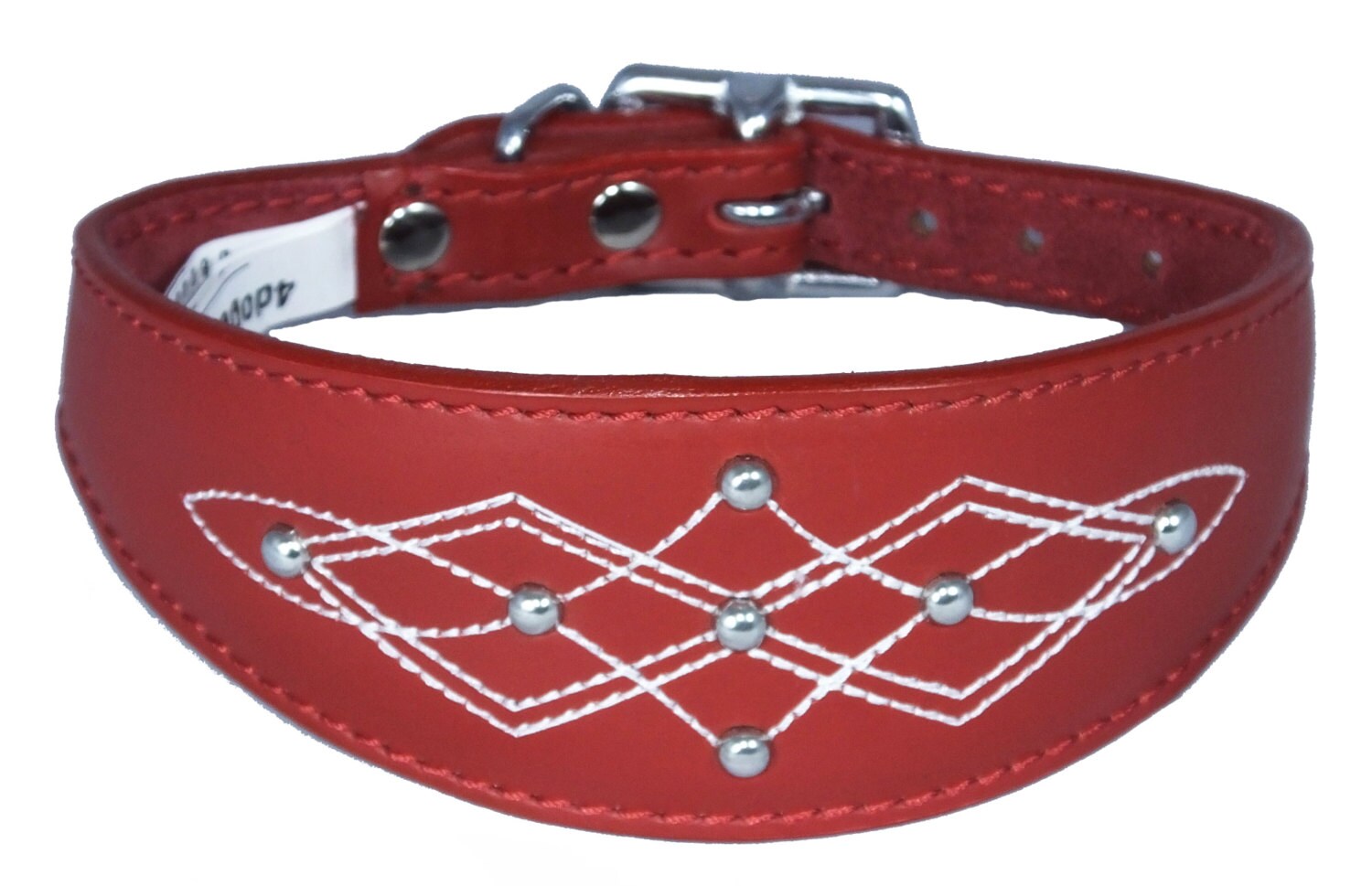 Red Silver Stud Stitch Design Leather Whippet, Greyhound Collar Sighthound Dogs