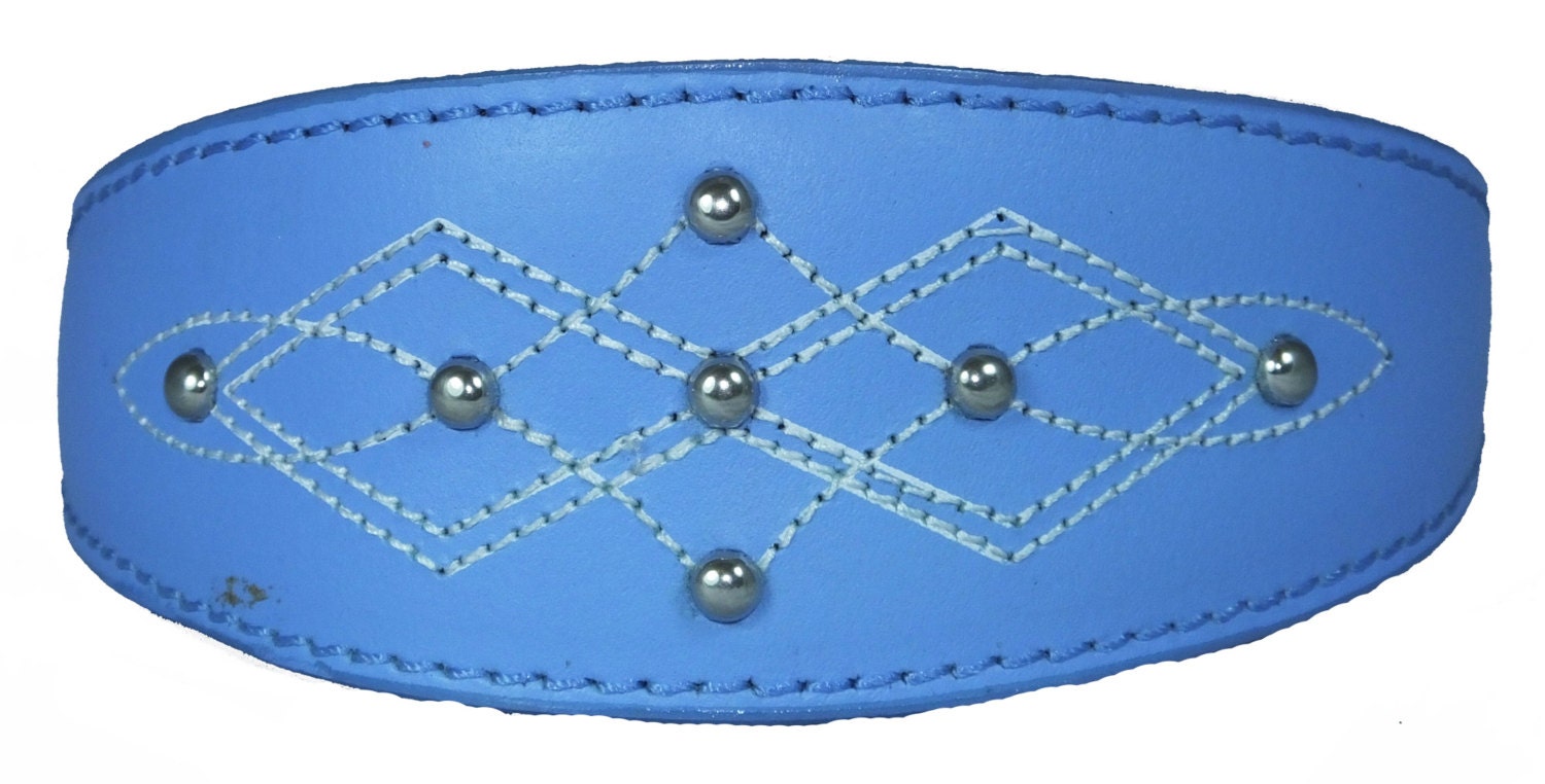 Light Blue Silver Stud Stitch Design Leather Whippet, Greyhound Collar Sighthound Dogs