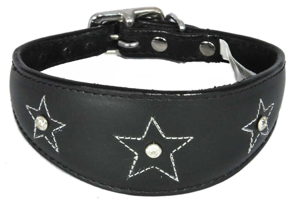 Black Star Diamante Stitch Design Leather Whippet Collar Greyhound Collar Sight hound Dogs Collar