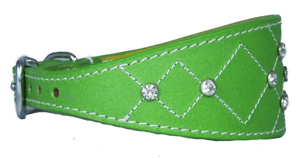 Green Diamante Diamond Stitch Design Leather Whippet Collar Greyhound Collar Sight hound Dogs Collar