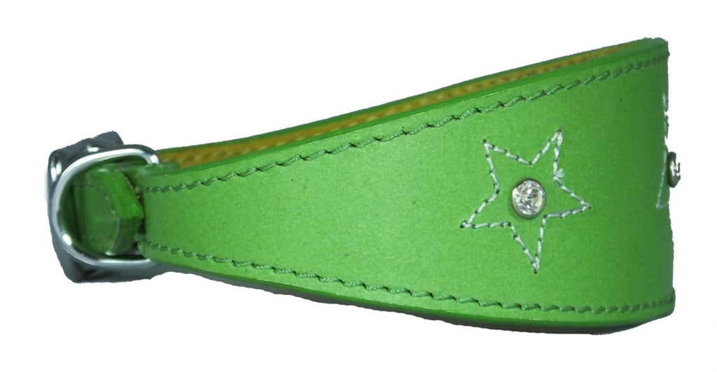 Green Star Diamante Stitch Design Leather Whippet Collar Greyhound Collar Sight hound Dogs Collar