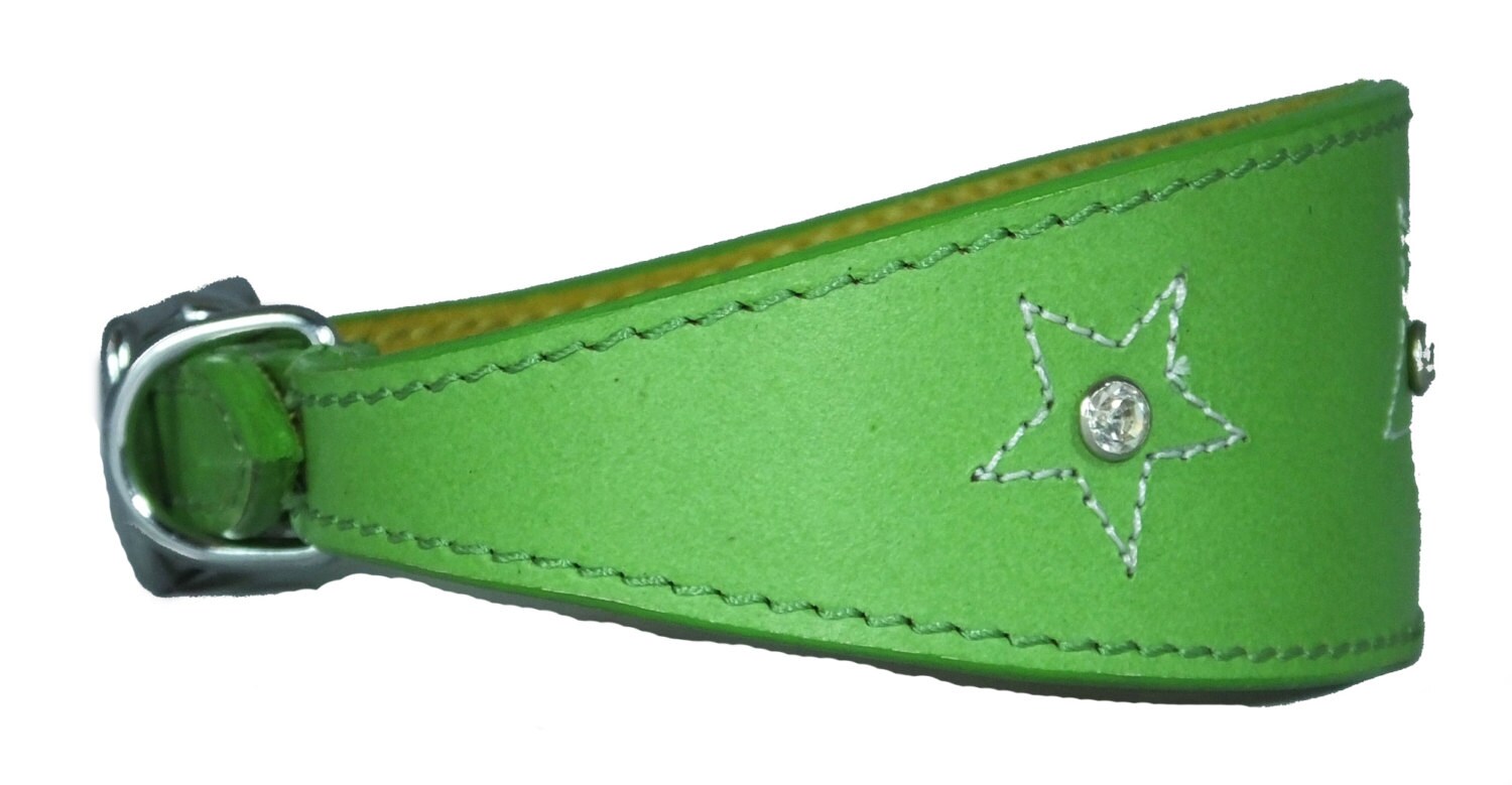 Green Star Diamante Stitch Design Leather Whippet Collar Greyhound Collar Sight hound Dogs Collar