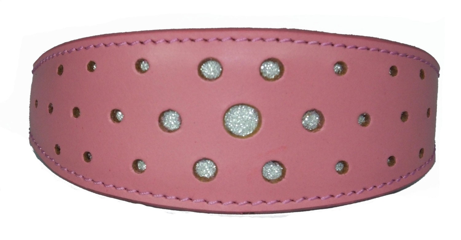 Pink Circle Glitter Design Leather Whippet Collar Greyhound Collar Sight hound Dogs Collar