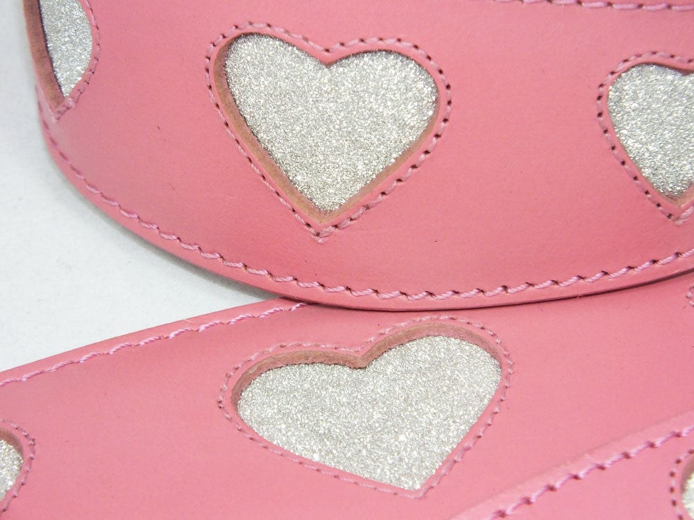 Pink Leather Whippet Collar Greyhound Collar Sparkle Glitter Heart Galgo Podenco Dog
