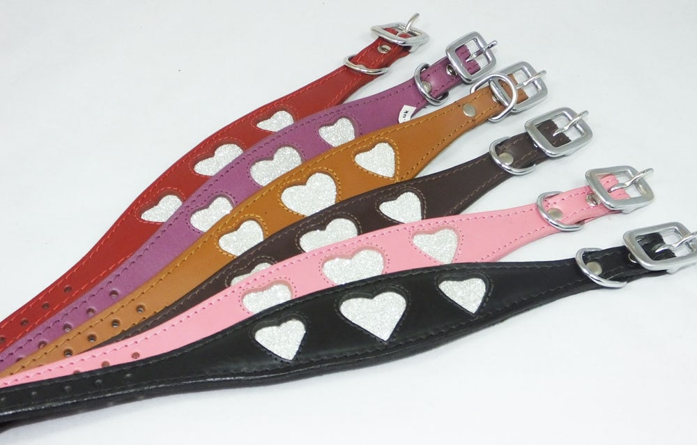 Brown Leather Whippet Collar Greyhound Collar Sparkle Glitter Heart Galgo Podenco Dog