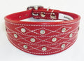 Red Diamante Stud and Stich Design Leather Collar For Whippet Greyhound Lurcher