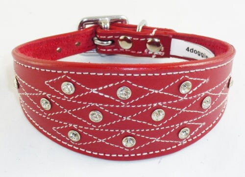 Red Diamante Stud and Stich Design Leather Collar For Whippet Greyhound Lurcher