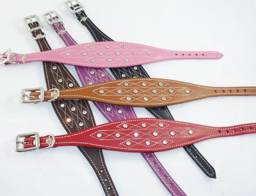 Brown Diamante Stud and Stich Design Leather Collar For Whippet Greyhound Lurcher