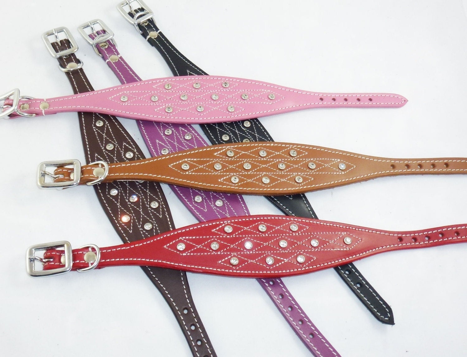Brown Diamante Stud and Stich Design Leather Collar For Whippet Greyhound Lurcher