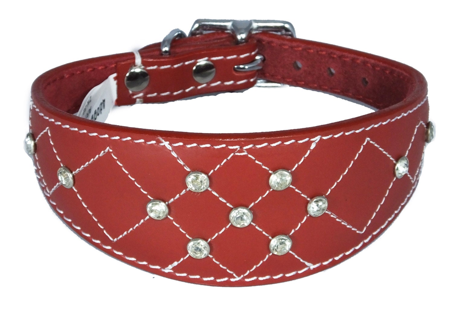 Red Diamante Diamond Stitch Design Leather Whippet Collar Greyhound Collar Sight hound Dogs Collar