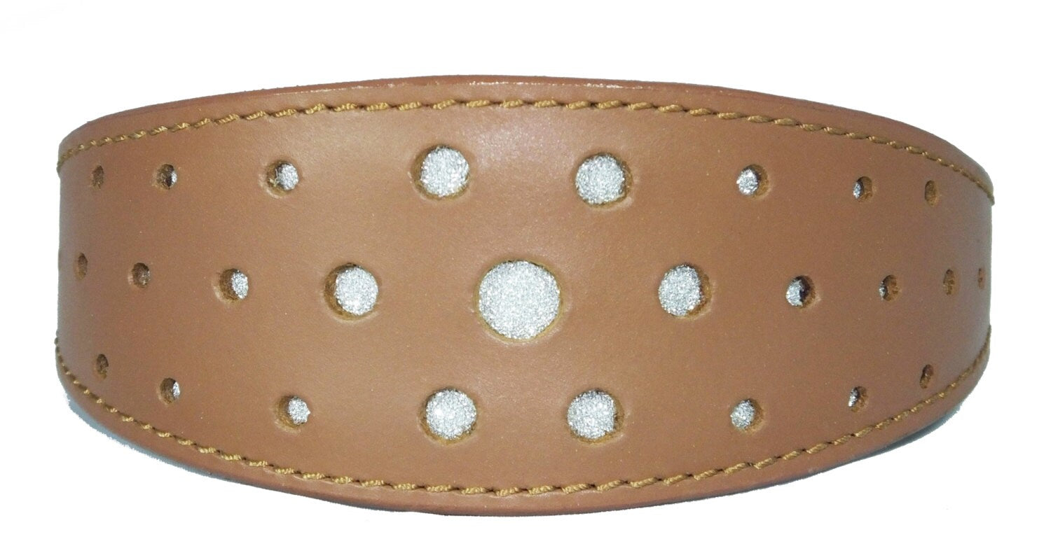Tan Circle Glitter Design Leather Whippet Collar Greyhound Collar Sight hound Dogs Collar