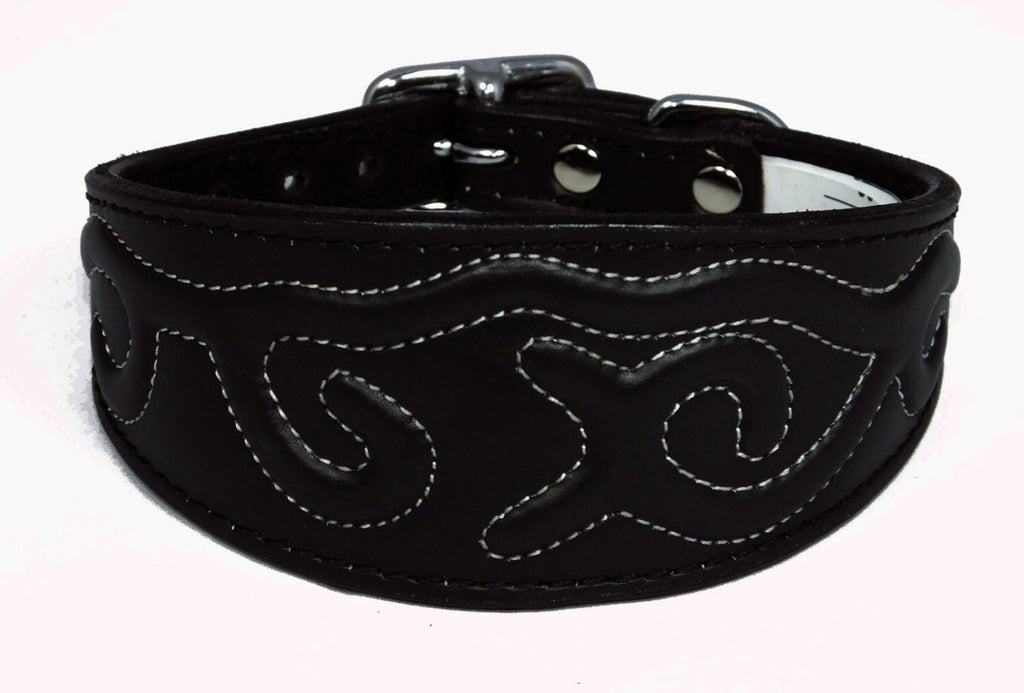 Black Leather Whippet Collar Greyhound Collar With Embossed Stitch Design