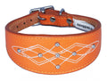 Orange Silver Stud Stitch Design Leather Whippet, Greyhound Collar Sighthound Dogs